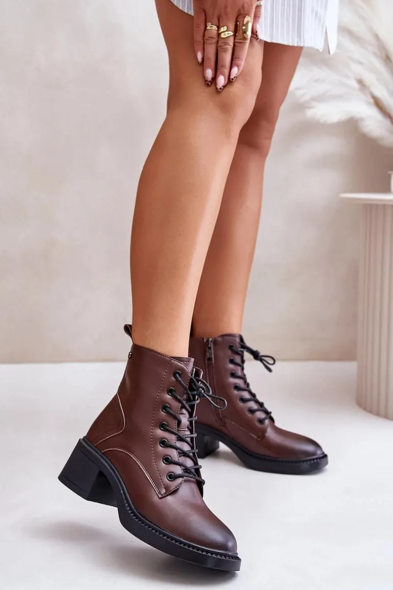 Ocieplane Botki Damskie Na Niskim Obcasie Ze Skóry naturalnej Vinceza 66722 Brązowe