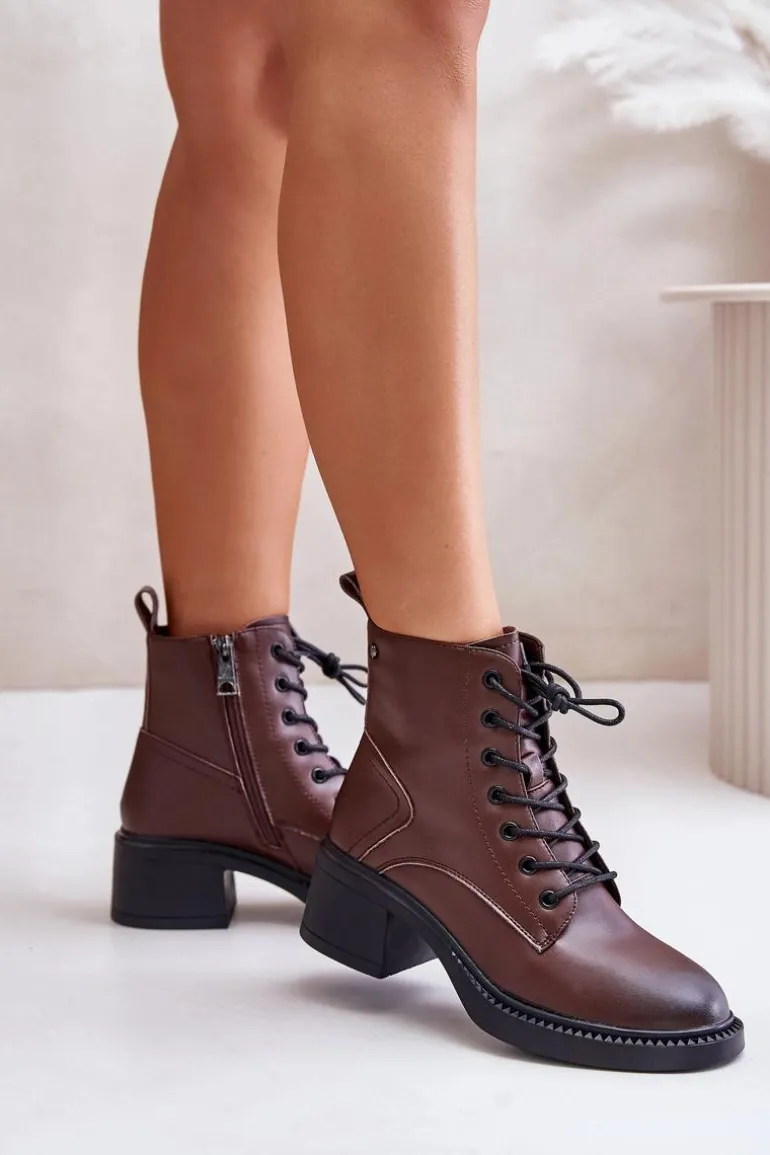 Ocieplane Botki Damskie Na Niskim Obcasie Ze Skóry naturalnej Vinceza 66722 Brązowe