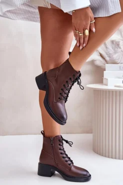 Ocieplane Botki Damskie Na Niskim Obcasie Ze Skóry naturalnej Vinceza 66722 Brązowe