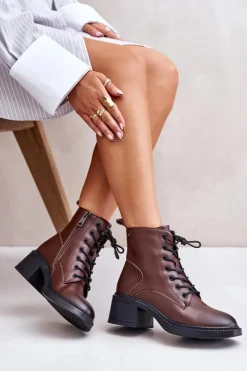 Ocieplane Botki Damskie Na Niskim Obcasie Ze Skóry naturalnej Vinceza 66722 Brązowe