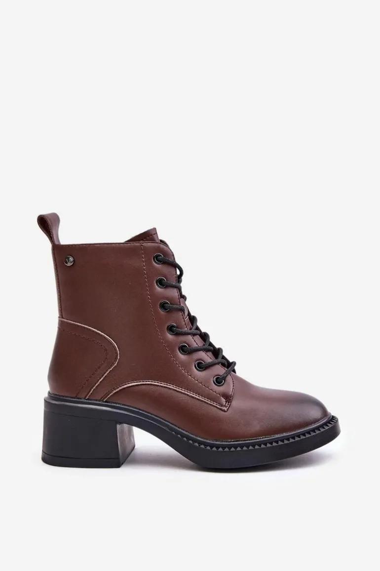 Ocieplane Botki Damskie Na Niskim Obcasie Ze Skóry naturalnej Vinceza 66722 Brązowe