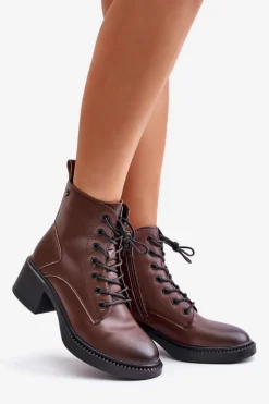 Ocieplane Botki Damskie Na Niskim Obcasie Ze Skóry naturalnej Vinceza 66722 Brązowe