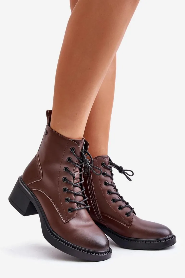 Ocieplane Botki Damskie Na Niskim Obcasie Ze Skóry naturalnej Vinceza 66722 Brązowe