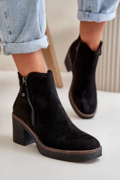 Ocieplane Botki Damskie Na Słupku Z Eko Zamszu Czarne Velarilla