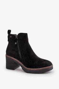 Ocieplane Botki Damskie Na Słupku Z Eko Zamszu Czarne Velarilla