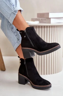 Ocieplane Botki Damskie Na Słupku Z Eko Zamszu Czarne Velarilla