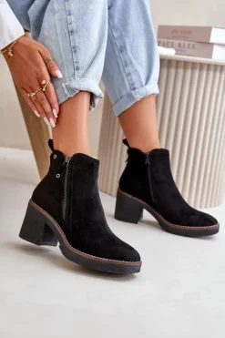 Ocieplane Botki Damskie Na Słupku Z Eko Zamszu Czarne Velarilla