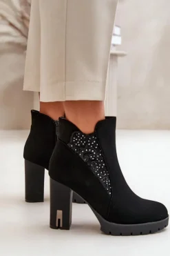 Ocieplane Botki Damskie Na Wysokim Słupku Z Haftem Czarne Verissae