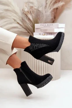 Ocieplane Botki Damskie Na Wysokim Słupku Z Haftem Czarne Verissae