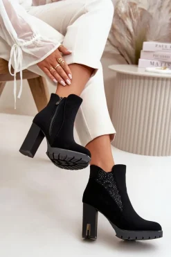 Ocieplane Botki Damskie Na Wysokim Słupku Z Haftem Czarne Verissae