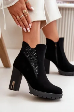 Ocieplane Botki Damskie Na Wysokim Słupku Z Haftem Czarne Verissae