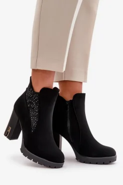 Ocieplane Botki Damskie Na Wysokim Słupku Z Haftem Czarne Verissae