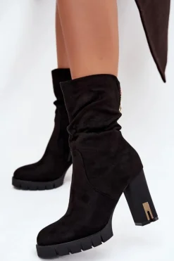 Ocieplane Botki Damskie Na Słupku Ze Złotym Zamkiem I Marszczeniem Czarne Briannae