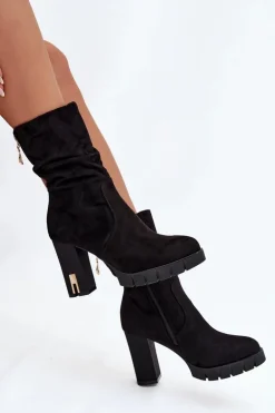 Ocieplane Botki Damskie Na Słupku Ze Złotym Zamkiem I Marszczeniem Czarne Briannae