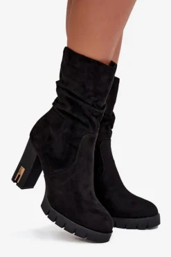 Ocieplane Botki Damskie Na Słupku Ze Złotym Zamkiem I Marszczeniem Czarne Briannae