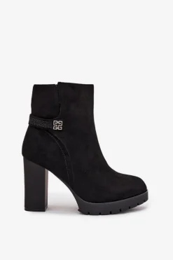 Ocieplane Botki Damskie Na Słupku Z Ozdobnym Paskiem Czarne Zayna