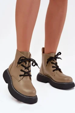 Ocieplane Botki Damskie Na Platformie Sznurowane Zielone Harmine