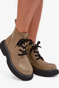 Ocieplane Botki Damskie Na Platformie Sznurowane Zielone Harmine
