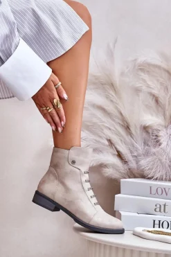 Ocieplane Botki Damskie Na Płaskim Obcasie Beżowe Labise