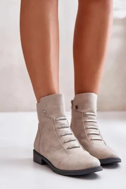 Ocieplane Botki Damskie Na Płaskim Obcasie Beżowe Labise