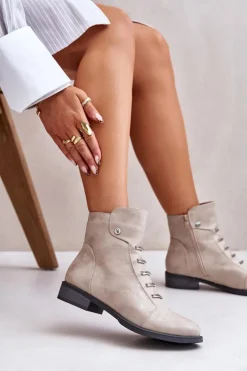 Ocieplane Botki Damskie Na Płaskim Obcasie Beżowe Labise