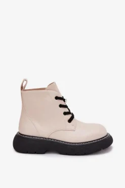Ocieplane Botki Damskie Na Platformie Sznurowane Jasnobeżowe Harmine