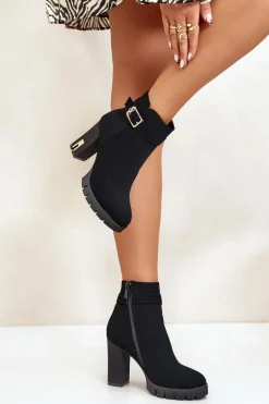 Ocieplane Botki Damskie Na Słupku Ze Złotą Klamrą Czarne Taitra