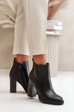 Ocieplane Botki Damskie Na Słupku Eko Skórzane Czarne Teresine