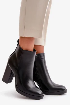 Ocieplane Botki Damskie Na Słupku Eko Skórzane Czarne Teresine