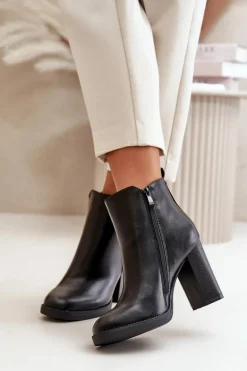 Ocieplane Botki Damskie Na Słupku Eko Skórzane Czarne Teresine