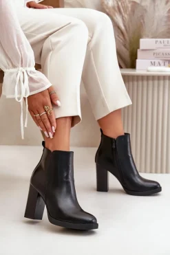 Ocieplane Botki Damskie Na Słupku Eko Skórzane Czarne Teresine