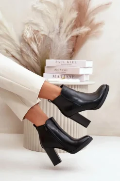 Ocieplane Botki Damskie Na Słupku Eko Skórzane Czarne Teresine