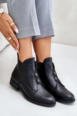 Ocieplane Botki Damskie Na Płaskim Obcasie Z Eko Skóry S.Barski HY42-716 Czarne