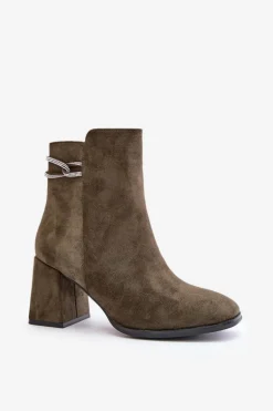 Ocieplane Botki Damskie Na Słupku Eko Zamszowe Ciemnozielone Saivia