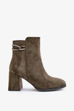 Ocieplane Botki Damskie Na Słupku Eko Zamszowe Ciemnozielone Saivia