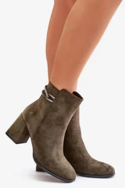 Ocieplane Botki Damskie Na Słupku Eko Zamszowe Ciemnozielone Saivia
