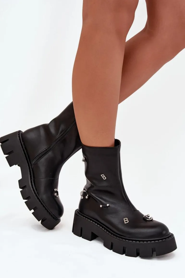 Ocieplane Botki Damskie Na Zamek Z Ozdobami Czarne Thavira