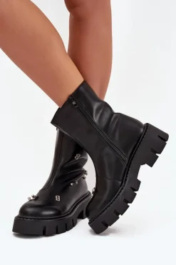 Ocieplane Botki Damskie Na Zamek Z Ozdobami Czarne Thavira