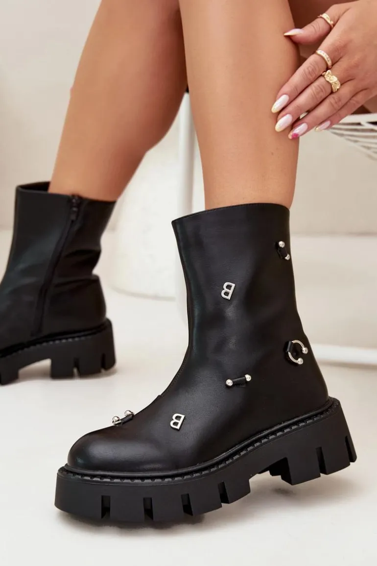 Ocieplane Botki Damskie Na Zamek Z Ozdobami Czarne Thavira