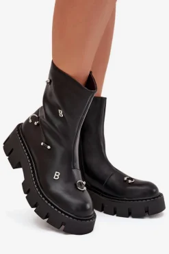 Ocieplane Botki Damskie Na Zamek Z Ozdobami Czarne Thavira