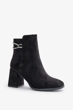 Ocieplane Botki Damskie Na Słupku Eko Zamszowe Czarne Saivia