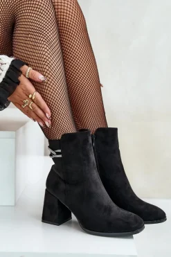 Ocieplane Botki Damskie Na Słupku Eko Zamszowe Czarne Saivia