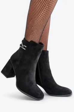 Ocieplane Botki Damskie Na Słupku Eko Zamszowe Czarne Saivia