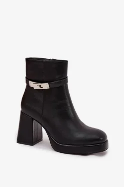 Ocieplane Botki Damskie Na Słupku Z Ozdobnym Paskiem Czarne Giordina