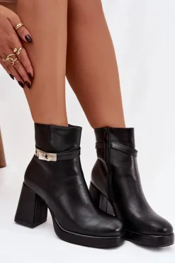 Ocieplane Botki Damskie Na Słupku Z Ozdobnym Paskiem Czarne Giordina