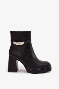 Ocieplane Botki Damskie Na Słupku Z Ozdobnym Paskiem Czarne Giordina