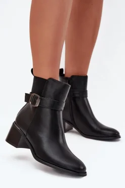 Ocieplane Botki Damskie Na Obcasie Z Paskiem I Klamrą Czarne Sylira