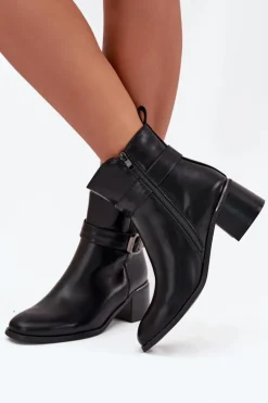 Ocieplane Botki Damskie Na Obcasie Z Paskiem I Klamrą Czarne Sylira