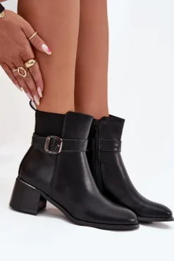 Ocieplane Botki Damskie Na Obcasie Z Paskiem I Klamrą Czarne Sylira