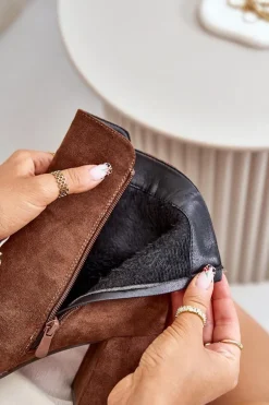 Ocieplane Botki Damskie Na Słupku Eko Zamszowe Brązowe Saivia